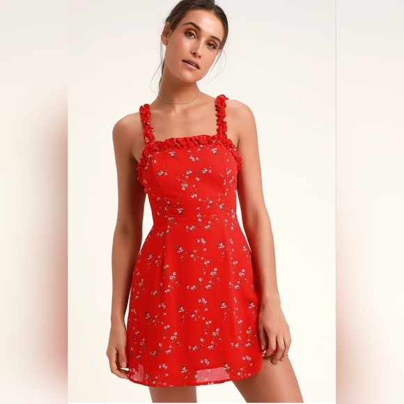 Lulus In the Garden Red Floral Print Skater mini Spring Dress Size S - Picture 1 of 15
